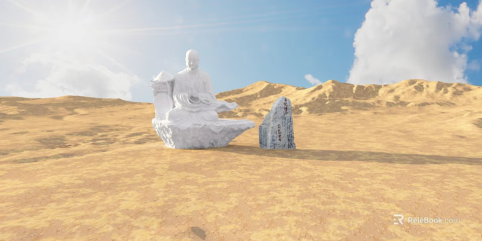 White Seated Figure Sculpture Carving With Stone Stele Inscriptions Against Desert Landscape And Blue Sky 3d model 