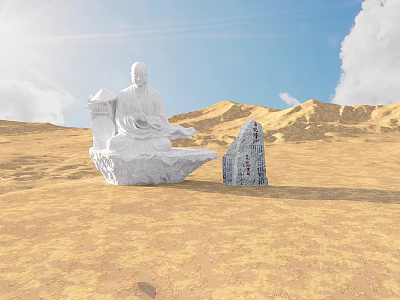 White Seated Figure Sculpture Carving With Stone Stele Inscriptions Against Desert Landscape And Blue Sky 3d model