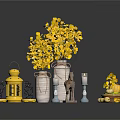Decorative Ornament Set With Yellow Leaf Plants Vases Lanterns Candles And Pumpkin Decor