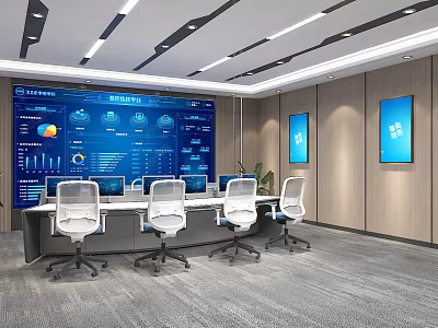 Modern Monitoring Room Interior With Large Blue Dashboard Multiple Computers And White Office Chairs 3d model