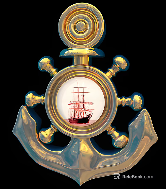 Golden Anchor Shaped Photo Frame With Circular Sailing Ship Design 3d model 