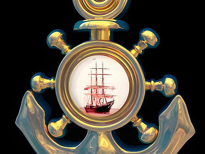 Golden Anchor Shaped Photo Frame With Circular Sailing Ship Design 3d model