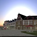 Aerial Planning of European Style Town with Cobblestone Street Lawn and Red Umbrella Seating