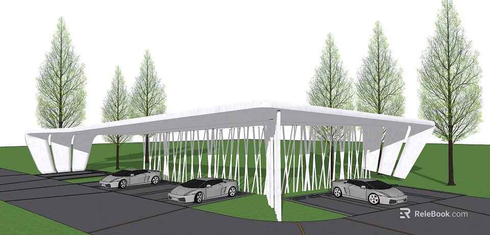 Modern White Pergola Structure With Luxury Sports Cars And Green Trees 3d model 