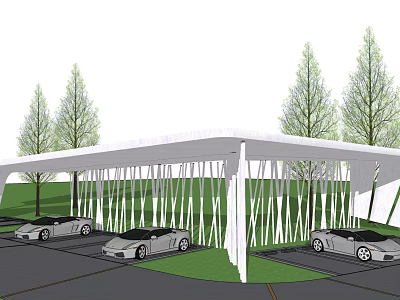 Modern White Pergola Structure With Luxury Sports Cars And Green Trees 3d model