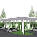 Modern White Pergola Structure With Luxury Sports Cars And Green Trees
