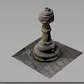 Traditional Stone Building with Carved Tower Structure and Square Slab Base