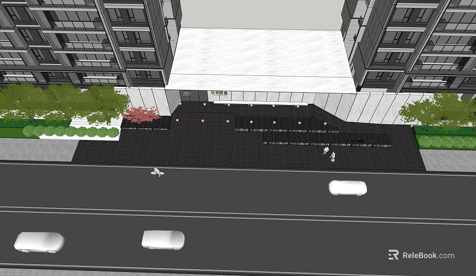 Modern Garden Landscape With Paved Ground Lighting Fixtures And Green Plants Between High Rise Buildings 3d model 