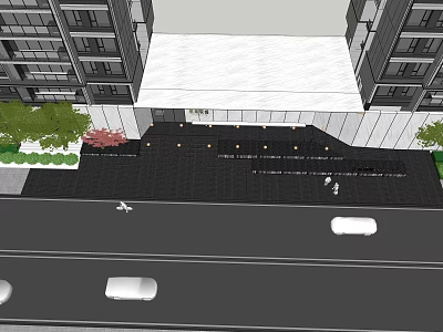 Modern Garden Landscape With Paved Ground Lighting Fixtures And Green Plants Between High Rise Buildings 3d model