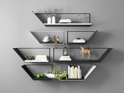 Modern Geometric Floating Wall Cabinets With Books Plants Vases And Decorative Figurines 3d model