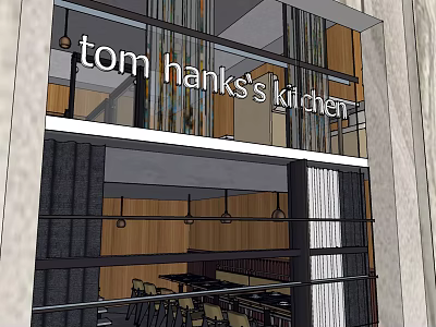 Tom Hanks's Kitchen Club Interior Featuring Two Floor Dining Area And Hanging Lights 3d model