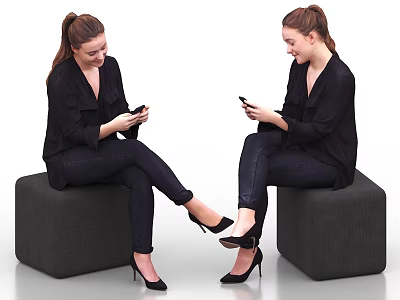 Two Women Using Mobile Phones Sitting On Gray Cube Stools In Black Blazers 3d model