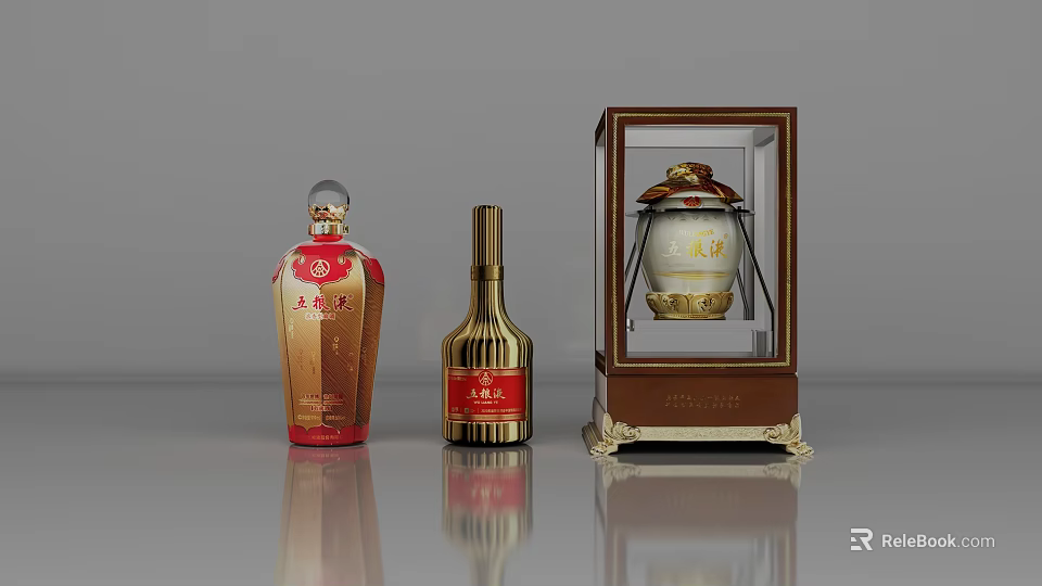 Premium Red and Gold Wine Bottles with Red Label and Wooden Case Jar 3d model 