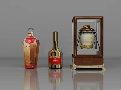 Premium Red and Gold Wine Bottles with Red Label and Wooden Case Jar 3d model