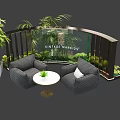Elegant Floral Display For Outdoor Seating Area With Curved Fence Gray Sofas And Green Plants