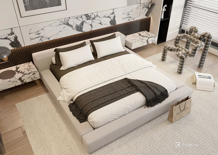 Modern Double Bed with Light Frame White Bedding and Marble Wall Nightstands 3d model 