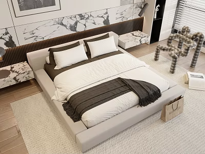 Modern Double Bed with Light Frame White Bedding and Marble Wall Nightstands 3d model