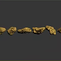 Wood Stone Decorative Pieces With Golden Texture And Intricate Patterns On Black Background With Reflections