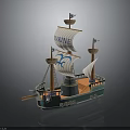 Model Wooden Ship With Karanne Sails Green Hull And Tall Wooden Masts