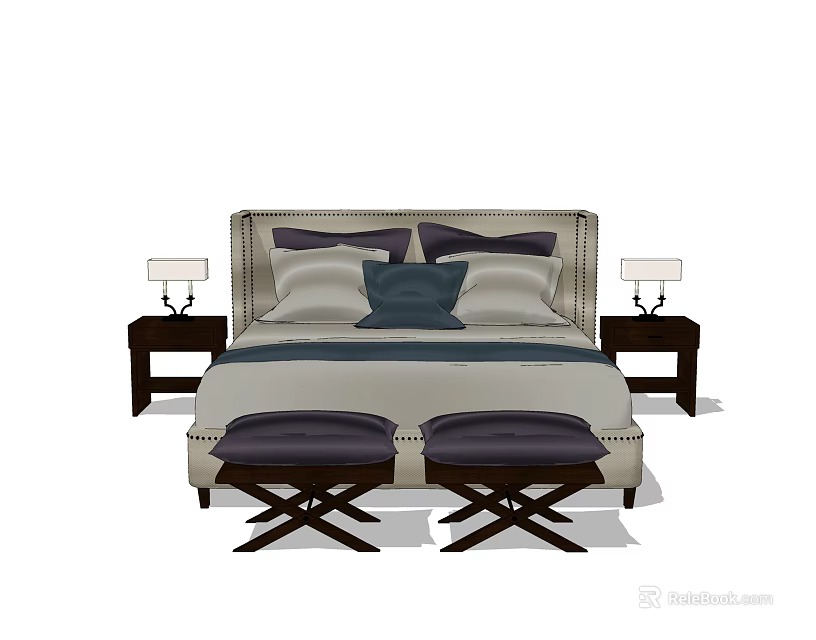 Modern Double Bed with Tufted Headboard Pillows Nightstands and Table Lamps 3d model