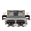 Modern Double Bed with Tufted Headboard Pillows Nightstands and Table Lamps 3d model