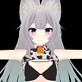 Woman With Fox Ears Tail Silver Gray Long Hair Black Bikini Arms Outstretched Black Background