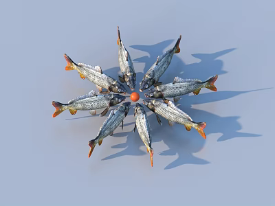 Silver Gray Fish With Orange Tails Arranged Radially Around Orange Object 3d model