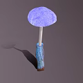 Glowing Purple Vegetable Mushroom with White Stem Inserted in Brown Wood Gray Background