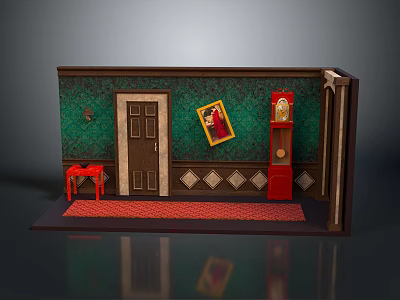 Vintage Interior Design With Green Wall Door Red Table Cabinet Painting And Red Carpet 3d model