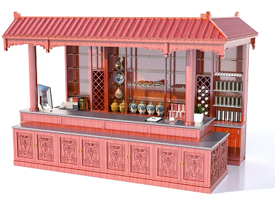 Chinese Style Shop Front Desk With Red Roof Wooden Counter Carved Design And Display Shelves 3d model