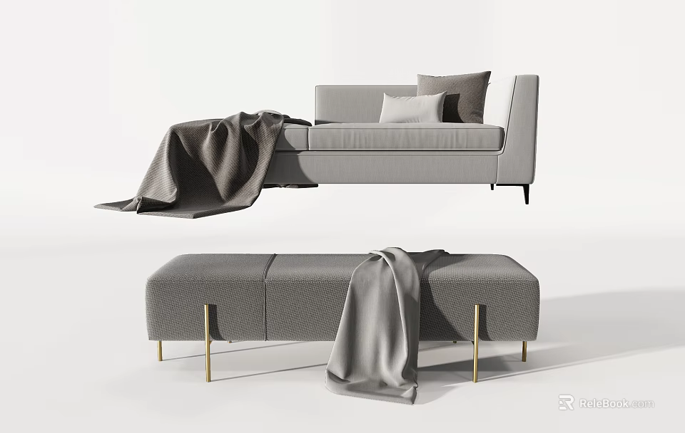 Modern Gray Sofa Bench With Gold Metal Legs Soft Blanket And Upholstered Design 3d model 