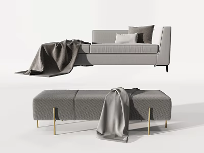 Modern Gray Sofa Bench With Gold Metal Legs Soft Blanket And Upholstered Design 3d model