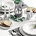 Elegant Table Setting With Dinnerware Glasses Silverware Greenery Bread Salt Pepper Shakers And Candles 3d model