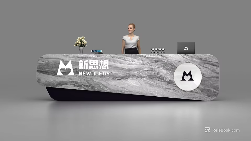 Modern Marble Reception Desk With Flower Arrangement New Ideas Logo And M Sign 3d model 