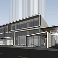 Modern Sales Office Building With Glass Curtain Walls Green Lawn And Pedestrians