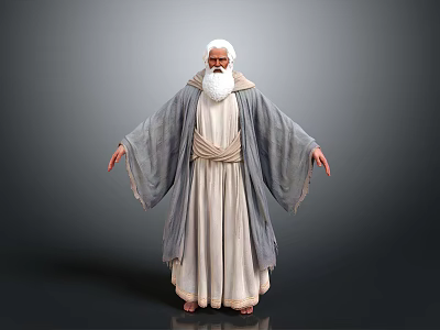 Old Man With White Hair And Beard In Long Robe Arms Outstretched Against Gray Background 3d model
