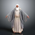 Old Man With White Hair And Beard In Long Robe Arms Outstretched Against Gray Background