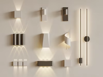 Elegant Modern Wall Lamps with Various Stylish Shapes Mounted on White Wall Showcasing Warm Lighting Effects 3d model
