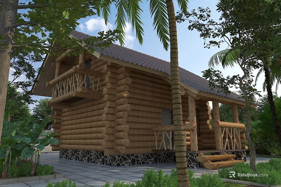 Detached Wooden Log Villa With Stone Base Steps And Surrounding Trees Greenery 3d model 