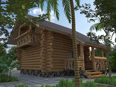 Detached Wooden Log Villa With Stone Base Steps And Surrounding Trees Greenery 3d model