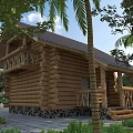Detached Wooden Log Villa With Stone Base Steps And Surrounding Trees Greenery