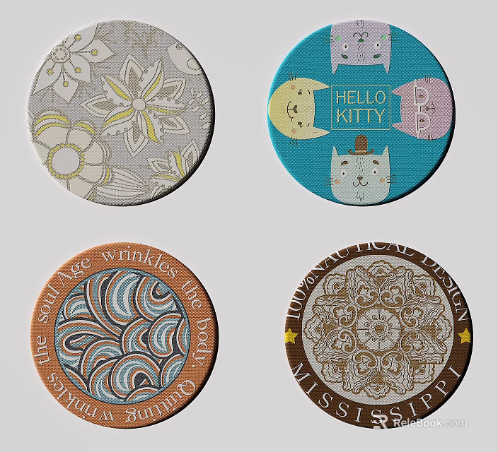 Round Area Rugs With Various Stylish Patterns Like Cartoon Floral And Text Designs 3d model 