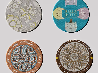 Round Area Rugs With Various Stylish Patterns Like Cartoon Floral And Text Designs 3d model