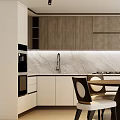 Modern Kitchen Interior With White Cabinets Marble Backsplash Round Dining Table And Chairs 3d model
