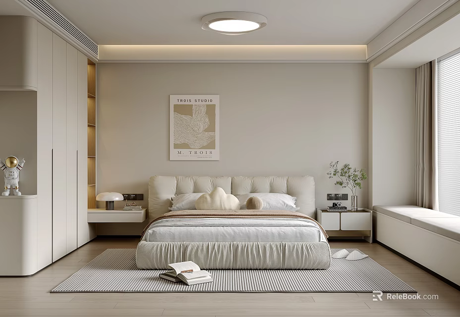Modern Bedroom Interior With White Wardrobe Bed Wall Art And Rug 3d model 