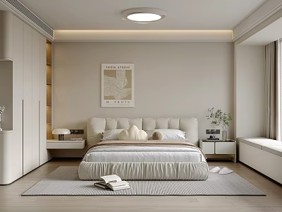 Modern Bedroom Interior With White Wardrobe Bed Wall Art And Rug 3d model
