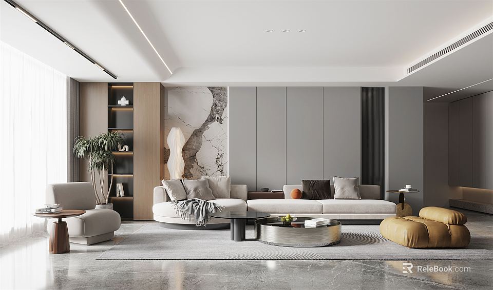 Modern Luxury Living Room Interior With Sofa Coffee Table Accent Chair And Decorative Plant 3d model 