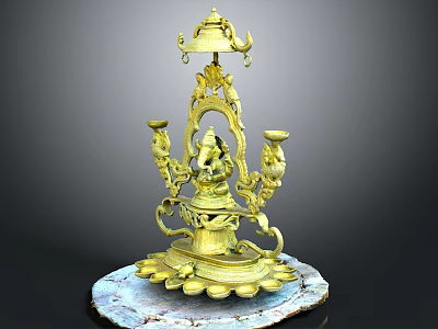 Golden Ganesha Statue With Decorative Bell Candle Holders And Lotus Base 3d model