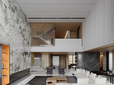 Duplex Living Room Modern Interior With Marble Wall Staircase Mezzanine Sofa And Coffee Table 3d model