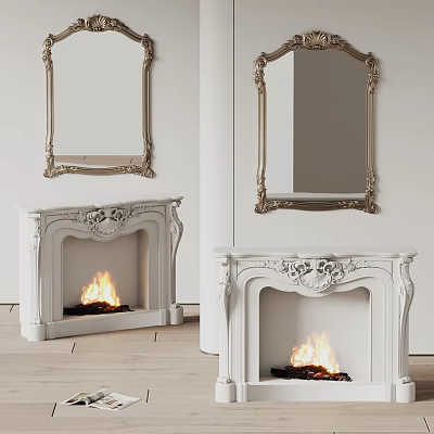 Elegant White Fireplace With Ornate Carvings Burning Flames And Golden Framed Mirrors 3d model